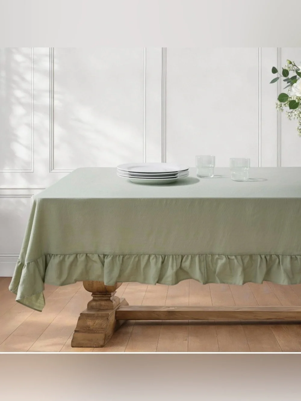 Farmhouse Ruffle Tablecloth 100% Cotton Waterproof Rectangular 52x70” SAGE GREEN